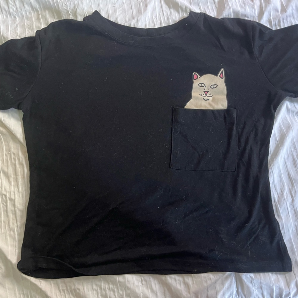 Black T-Shirt with Cat Pocket Design